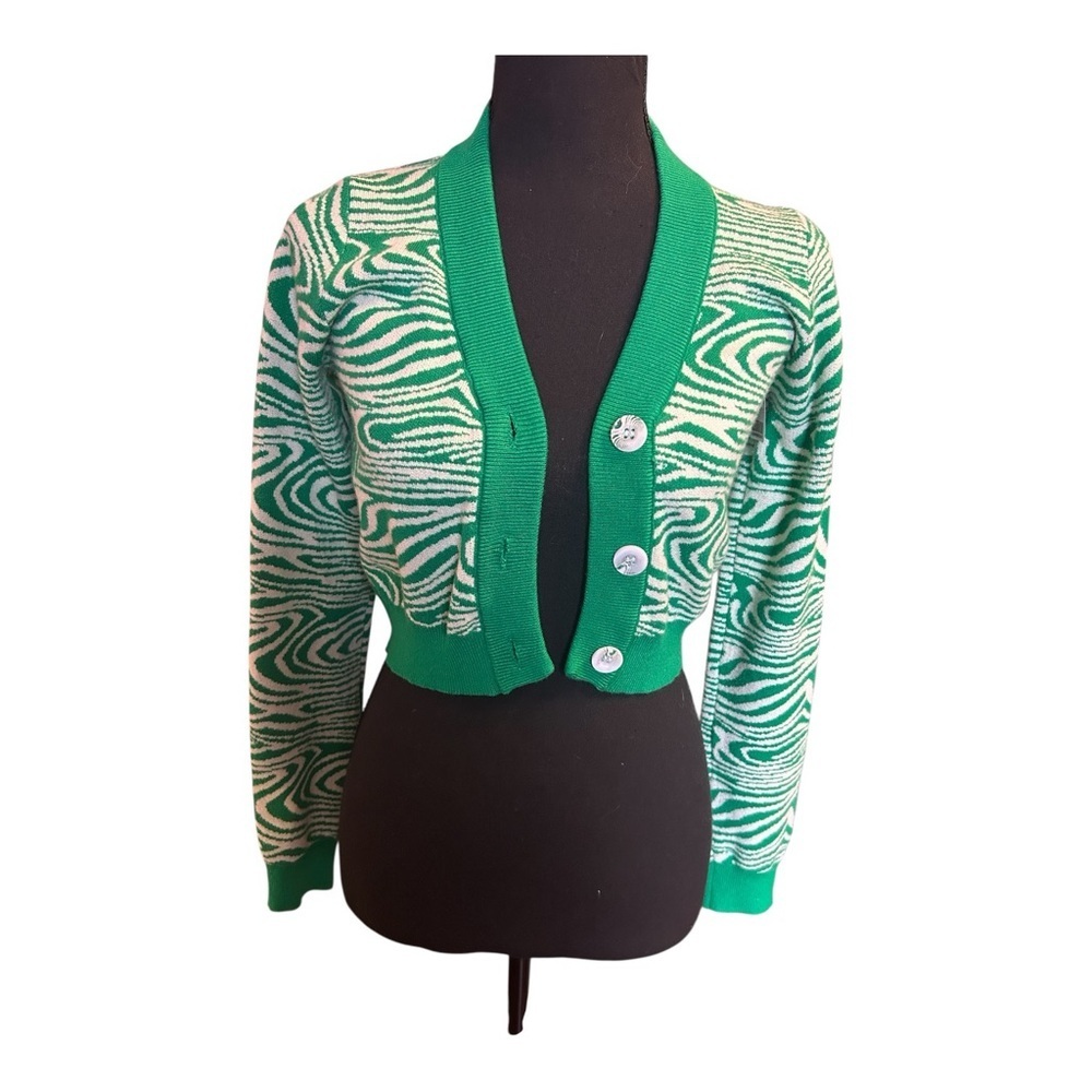 Pretty Garbage Women Green Wave Swirl Patterned Cardigan Sweater Size Small